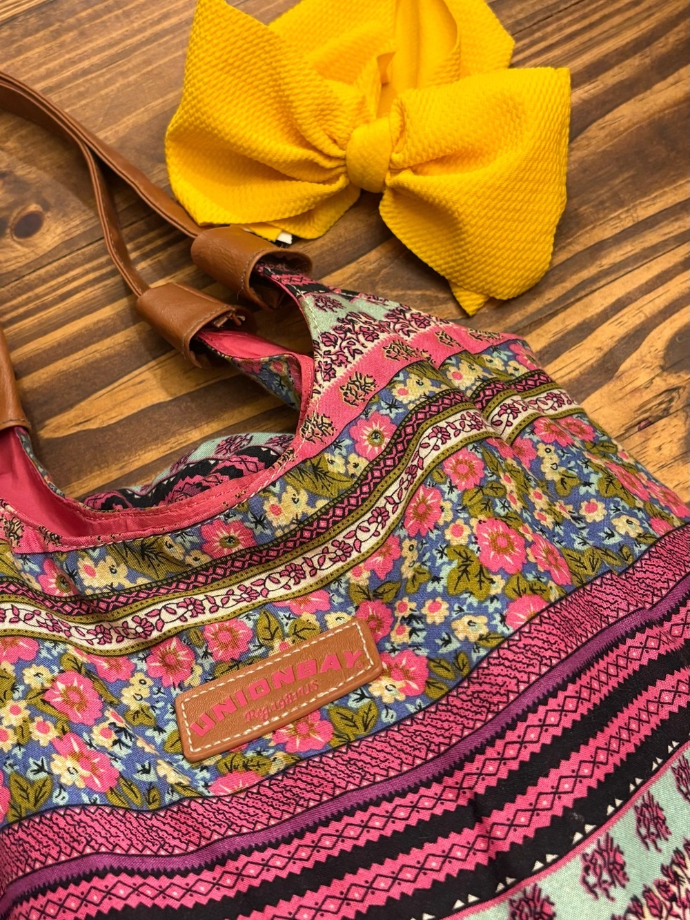 Unionbay Brand Pink Floral Tote Bag with Brown Handles